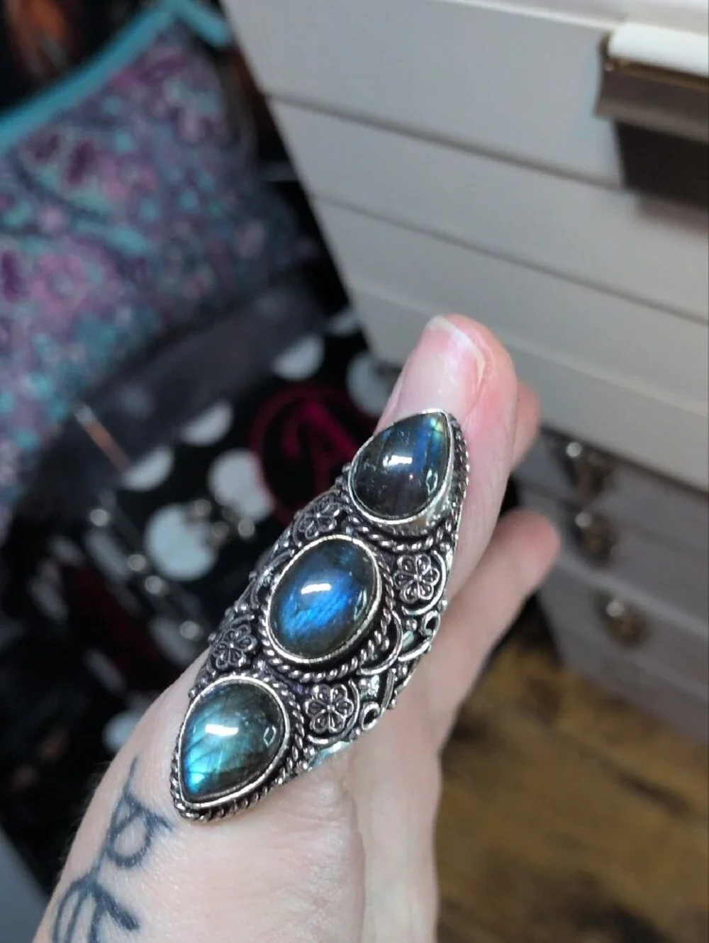 Sterling Silver Labradorite Triple Stone Statement Ring - Blue